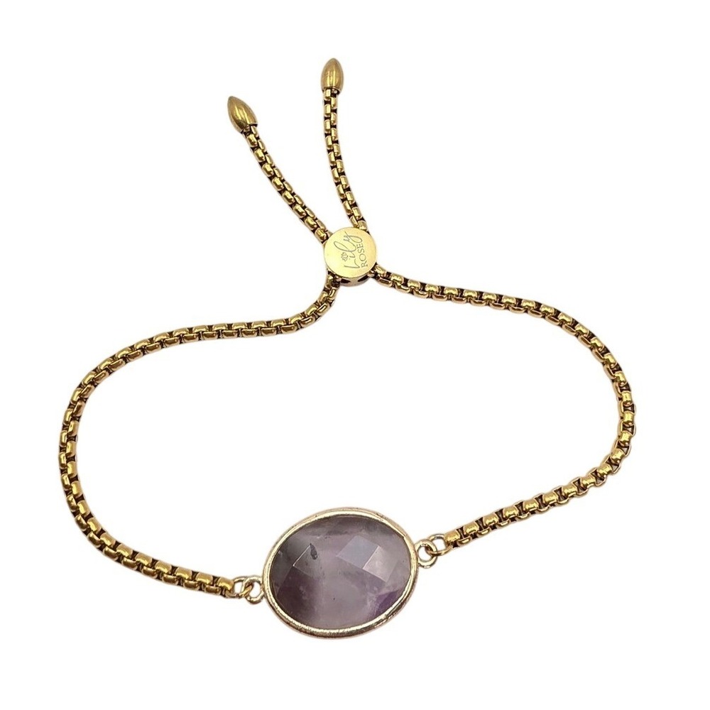 Lily Rose Gold Tone Bolo Bracelet Purple Faceted Oval Stone Adjustable Box Chain